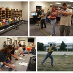 Collage of employees participating in office Olympics involving shooting rubberbands, stapling papers, and throwing envelopes.
