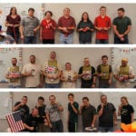 Collage of three groups of employees holding medals and wearing flags.