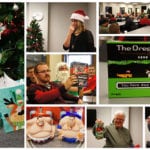 Collage of employees opening Christmas gifts
