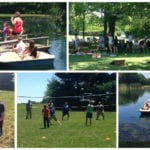 Collage of the annual Engineering Innovation company picnic, groups of people fishing, playing games, and riding a paddle boat in the lake.
