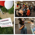 Collage from Engineering Innovation's ten year anniversary open house with groups of balloons, people sitting at tables eating, and a child scanning a barcode on a package.