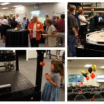 Collage from Engineering Innovation's Ten Year Anniversary open house celebration with employees talking to their families and eating hors d'oeuvres.