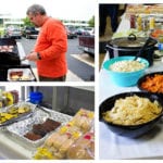 A collage of three images containing an employee grilling burgers and a buffet table filled with food.