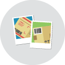 Two Polaroids of parcels with barcodes, flat icon.