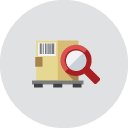 box with barcode and magnifying glass, flat icon.