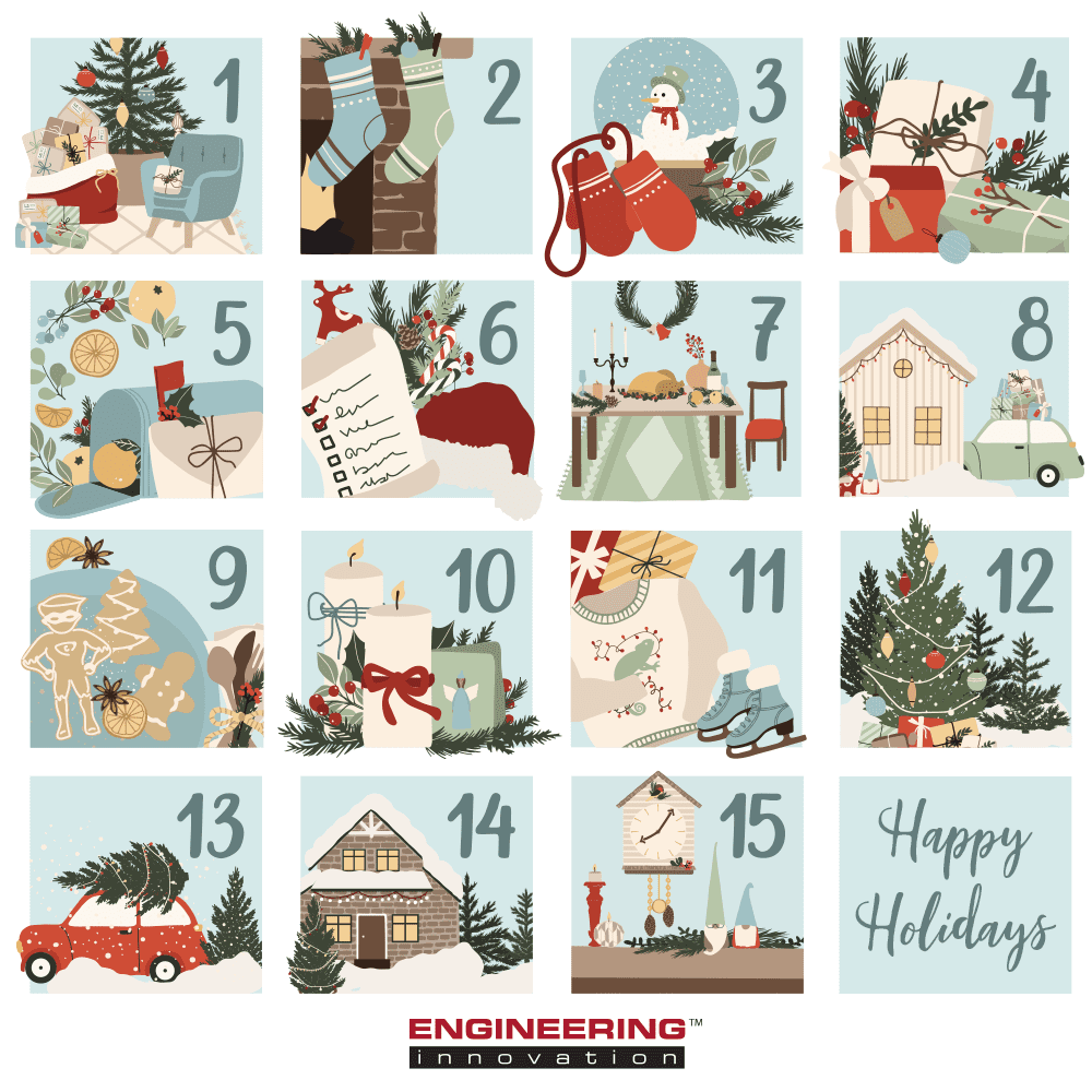 Engineering Innovation's Christmas Card Design. There are fifteen total sections, with each containing a decorative design to represent each year at our company. 