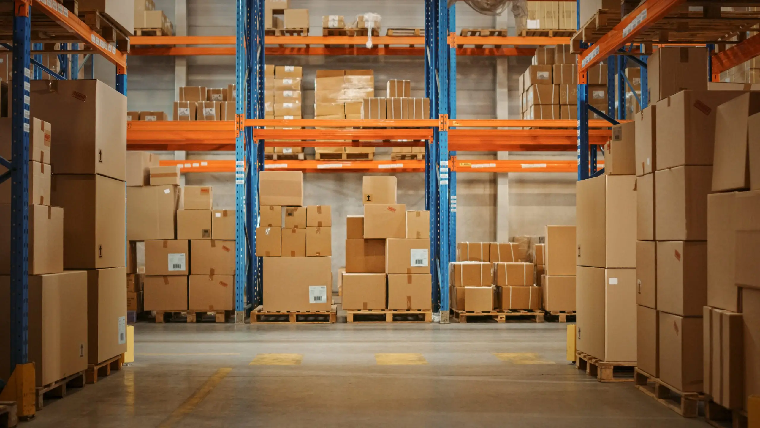 Brightly lit retail warehouse with lots of shelves filled with palettes of cardboard boxes