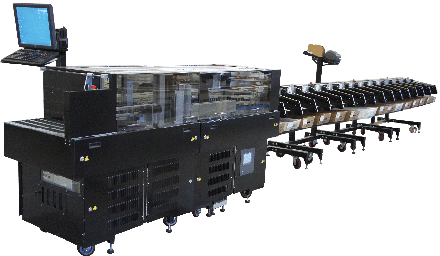 A large industrial sorting machine with a computer interface on the left and multiple output bins on the right, designed for high-volume processing. The machine is black with a transparent section showing its internal components.