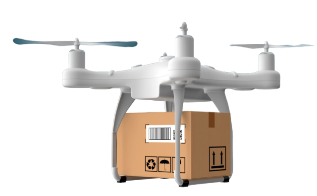 A white drone carrying a cardboard package with shipping symbols and a barcode. The drone has four rotors and is depicted in flight, showcasing its delivery capabilities.