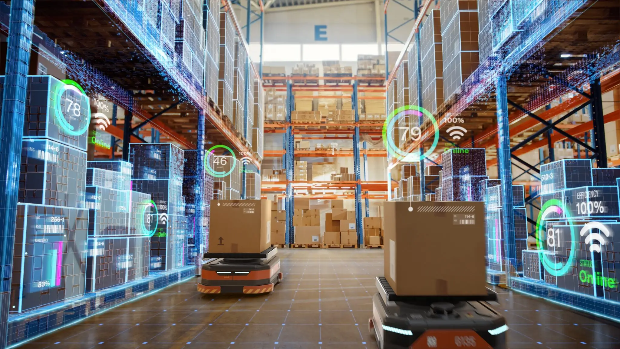 A high-tech warehouse with automated robots transporting boxes. Holographic displays show data and performance metrics. Shelves are stacked high with goods, and the environment is modern and digitalized.