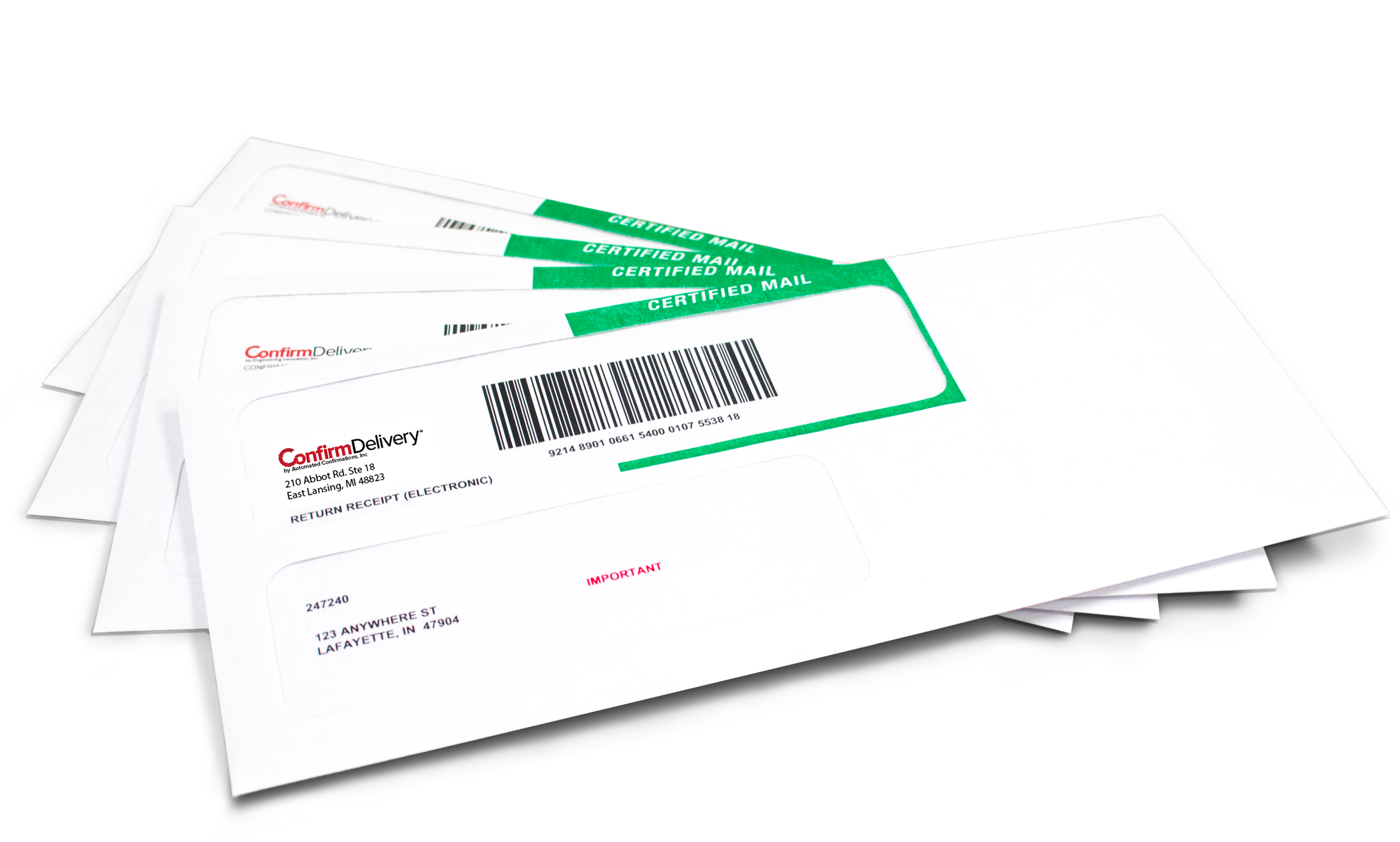Four unsealed envelopes with "Certified Mail" labels are stacked on a surface. Each envelope has a barcode and text indicating return receipt information. The top envelope shows a few addresses and the word "Important" highlighted in red.