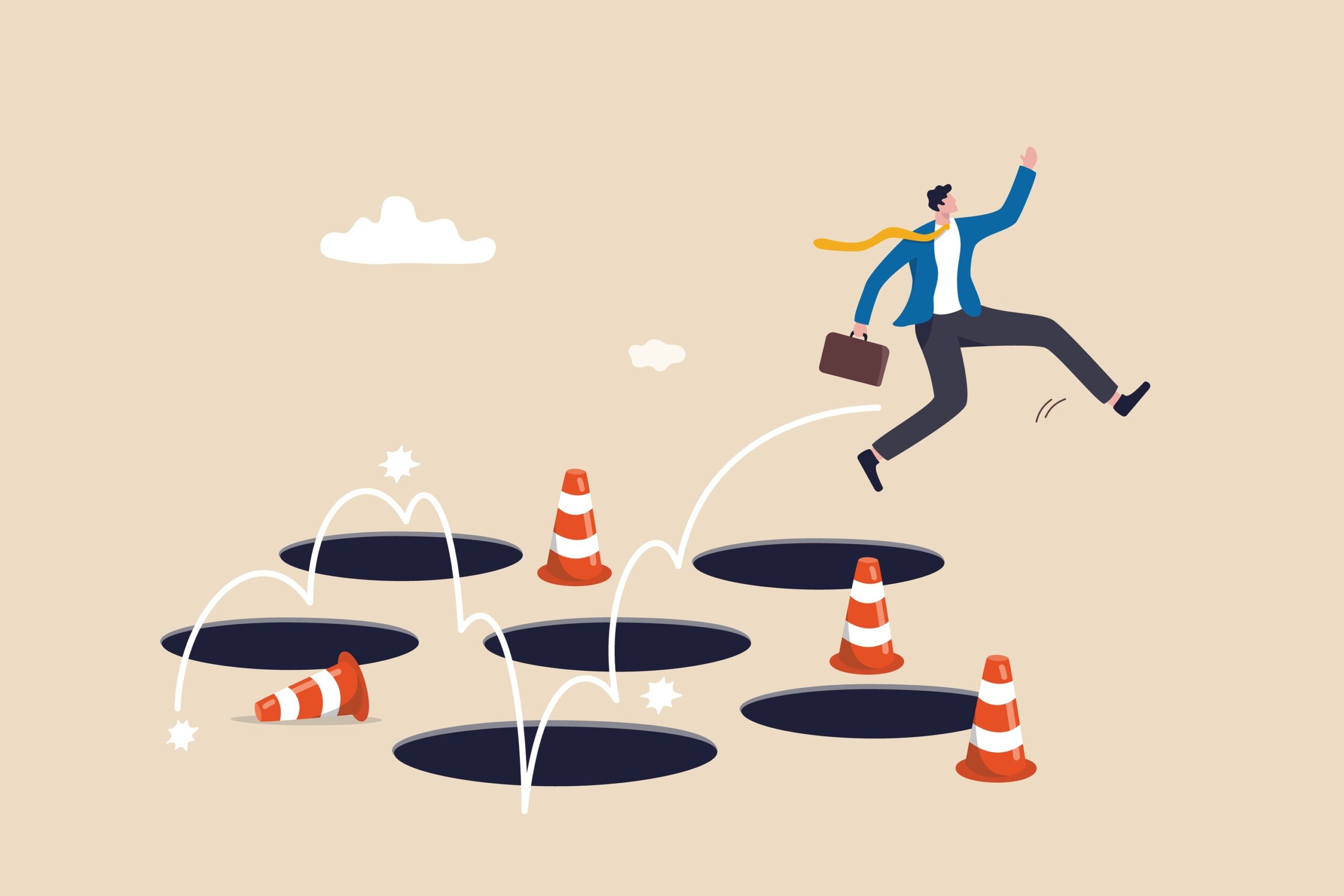 Illustration of a businessperson jumping over traffic cones and large holes in the ground, symbolizing overcoming obstacles and challenges. The person carries a briefcase and wears a suit with a yellow scarf.