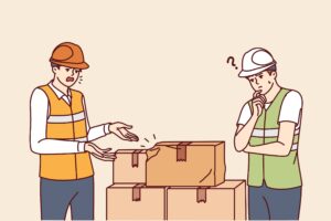 Two construction workers in safety vests and helmets examine damaged cardboard boxes. One worker gestures toward the damage with concern, while the other looks at the boxes thoughtfully with a hand on his chin.