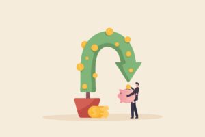 A person in a suit places a coin in a piggy bank beside a large potted green arrow with dollar signs, symbolizing financial growth, investment returns, and the importance of an effective sorting system for managing assets.