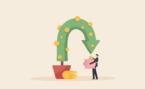 A person in a suit places a coin in a piggy bank beside a large potted green arrow with dollar signs, symbolizing financial growth, investment returns, and the importance of an effective sorting system for managing assets.