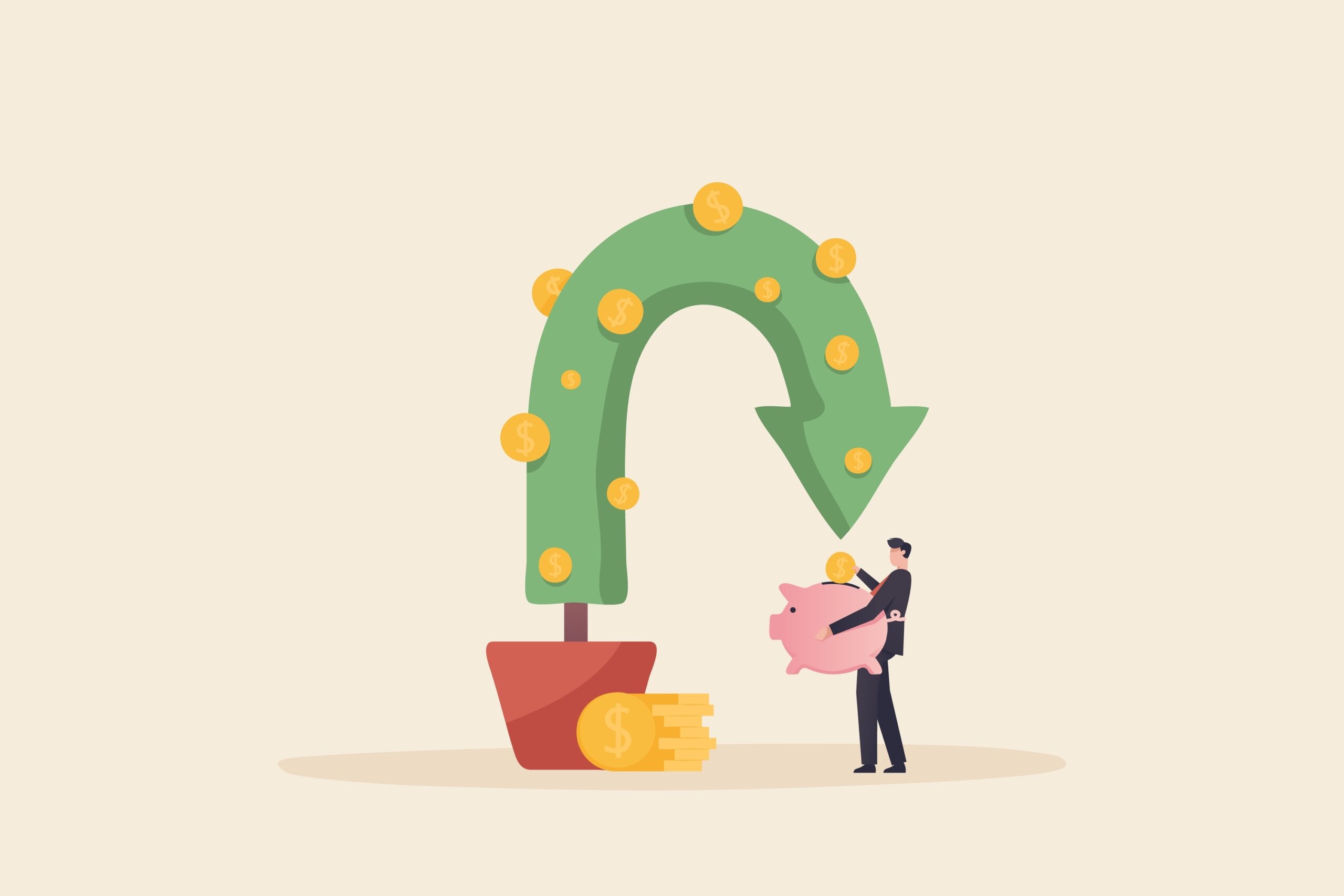 A person in a suit places a coin in a piggy bank beside a large potted green arrow with dollar signs, symbolizing financial growth, investment returns, and the importance of an effective sorting system for managing assets.