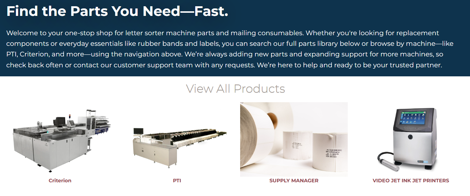 A banner reads “Find the Parts You Need—Fast.” Below are images of a Criteron sorter, a PTI machine, a Supply Manager device, and a Video Jet Ink Jet Printer, each labeled as a mail sorting or printing product.