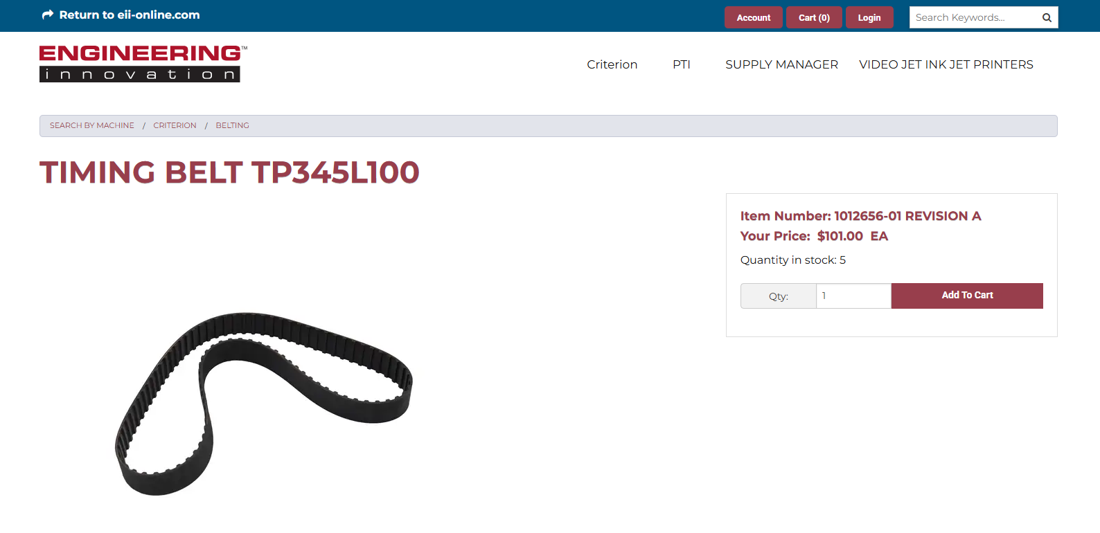 Screenshot of an online store page for a timing belt, model TP345L100, sold by Engineering Innovation. The black ribbed belt is shown along with a price of $101.00 and a stock quantity of 5.