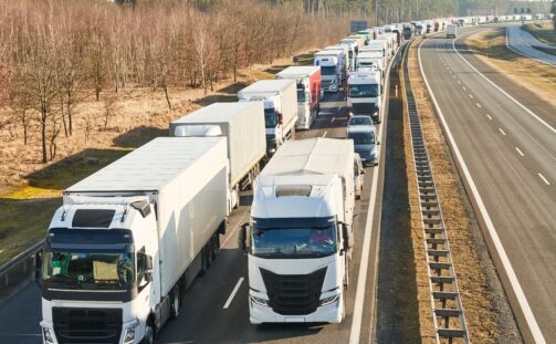 Long line of trucks stopped on a highway lane, causing a traffic jam. The other side of the highway is clear, surrounded by trees and open land under a clear sky.