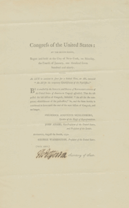 A historical document titled "Congress of the United States" printed on aged paper, featuring formal text, signatures at the bottom, and official language outlining a legislative act.