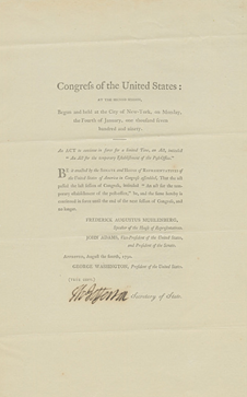A historical document titled "Congress of the United States" printed on aged paper, featuring formal text, signatures at the bottom, and official language outlining a legislative act.