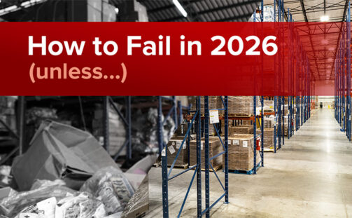 A warehouse scene split in half: one side shows disorganized cardboard boxes and clutter, the other displays neat, orderly shelves. Overlaid text reads: 
