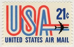 A vintage U.S. Air Mail postage stamp shows "USA" in large red and blue letters, a silhouette of an airplane, and "21¢" in blue, with "UNITED STATES AIR MAIL" printed along the bottom.