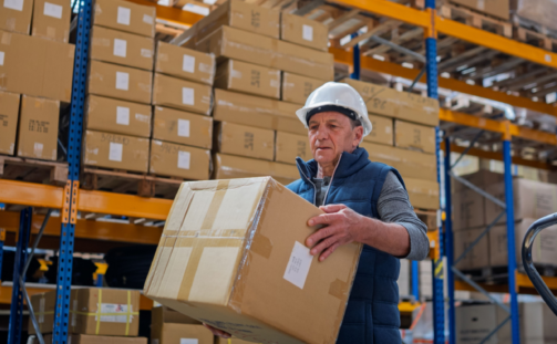 A warehouse worker wearing a white hard hat and blue vest lifts a cardboard box, surrounded by stacks of boxes on shelves in a large warehouse.