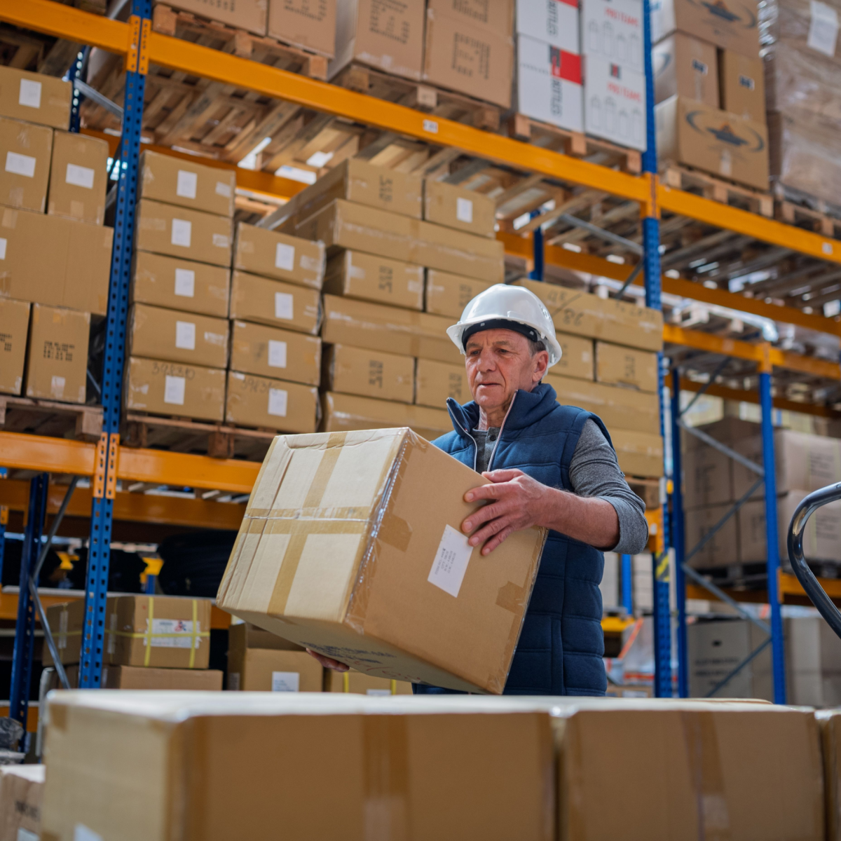 A warehouse worker wearing a white hard hat and blue vest lifts a cardboard box, surrounded by stacks of boxes on shelves in a large warehouse.