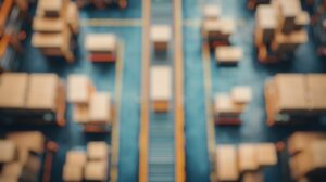 Blurred image of a warehouse or distribution center with stacks of cardboard boxes and packages around conveyor belts, creating an organized but indistinct industrial scene.