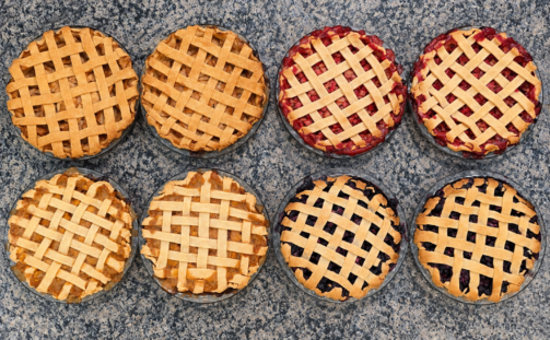 8 pies of various colors and flavors sit atop a granite counter